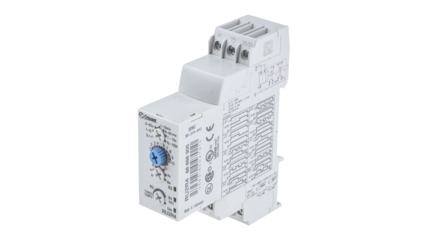 Crouzet DIN Rail Mount Timer Relay, 12V ac/dc, 2-Contact, 0.1 s → 100h