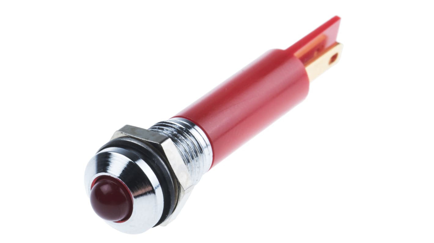 RS PRO Red Panel Mount Indicator, 12V dc, 8mm Mounting Hole Size, Faston, Solder Lug Termination, IP67