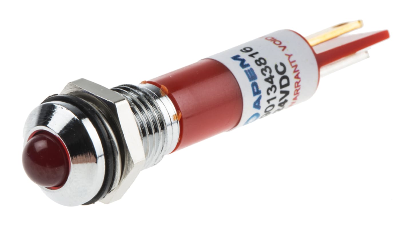 RS PRO Red Panel Mount Indicator, 24V dc, 8mm Mounting Hole Size, Faston, Solder Lug Termination, IP67