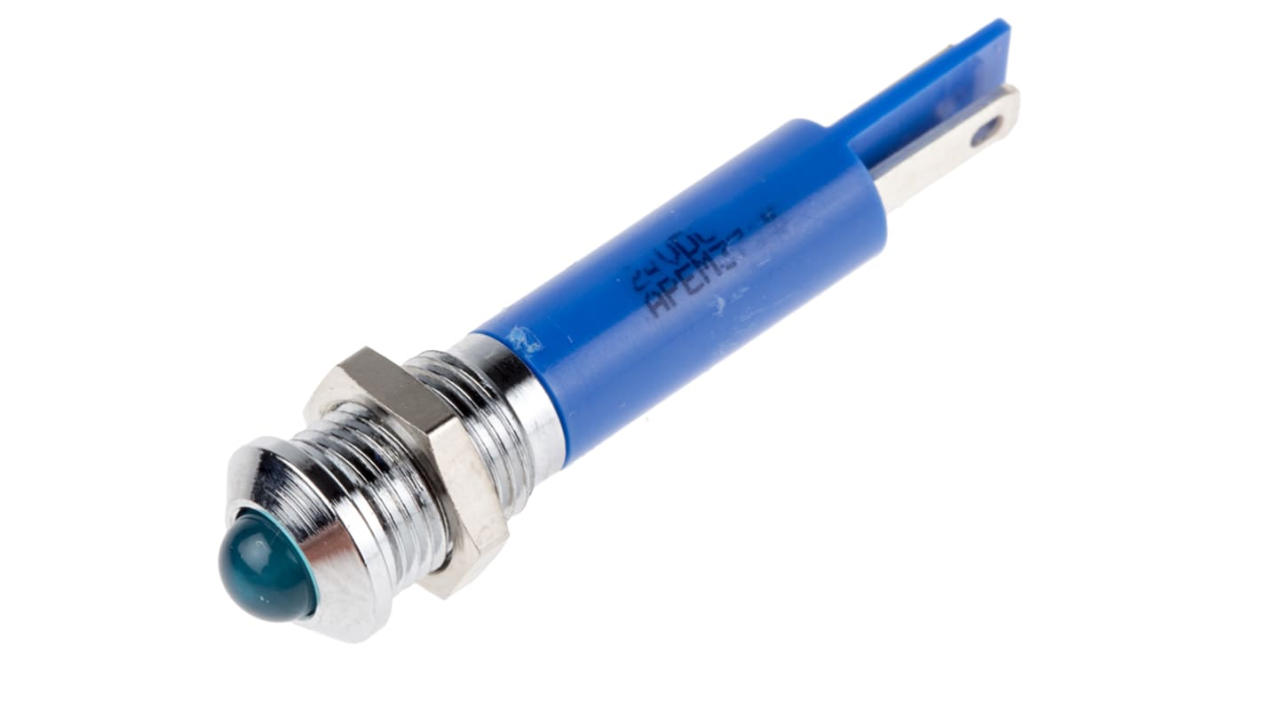 RS PRO Blue Panel Mount Indicator, 24V dc, 8mm Mounting Hole Size, Faston, Solder Lug Termination, IP67