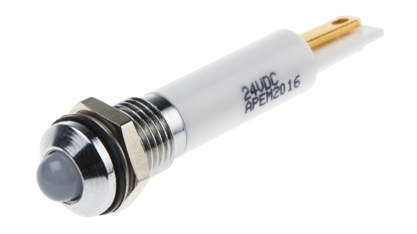 RS PRO White Panel Mount Indicator, 24V dc, 8mm Mounting Hole Size, Faston, Solder Lug Termination, IP67