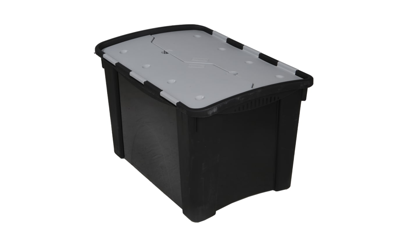 RS PRO 60L Black, Grey PP Large Storage Box, 385mm x 595mm x 412mm