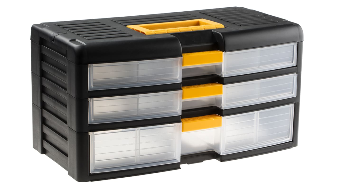 RS PRO 3 Drawer Storage Unit, PP, 203mm x 391mm x 197mm, Black