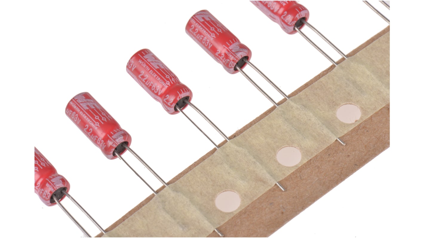 Condensatore Wurth Elektronik, serie WCAP-ATG5, 2.2μF, 63V cc, ±20%, +105°C, Radiale, Foro passante