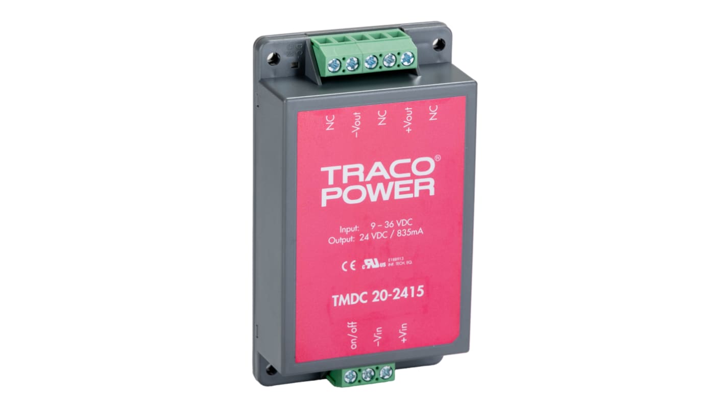 TRACOPOWER TMDC 20 DC-DC Converter, 24V dc/ 835mA Output, 9 → 36 V dc Input, 20W, Chassis Mount, +80°C Max Temp