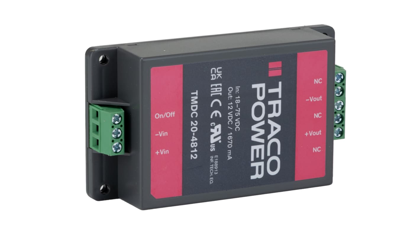 TRACOPOWER TMDC 20 DC-DC Converter, 12V dc/ 1.67A Output, 18 → 75 V dc Input, 20W, Chassis Mount, +90°C Max Temp