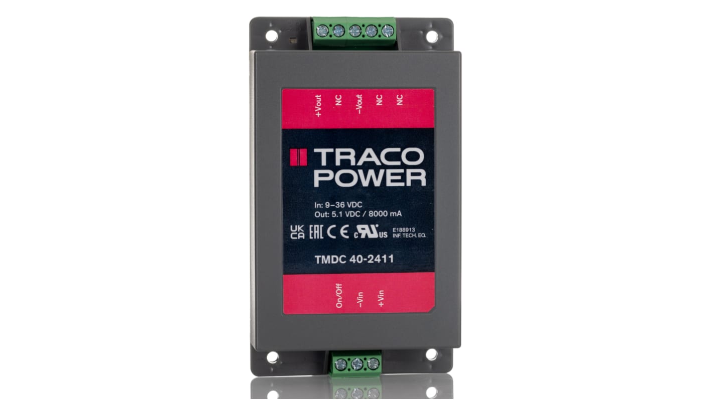 TRACOPOWER TMDC 40 DC-DC Converter, 5V dc/ 8A Output, 9 → 36 V dc Input, 40W, Chassis Mount, +65°C Max Temp