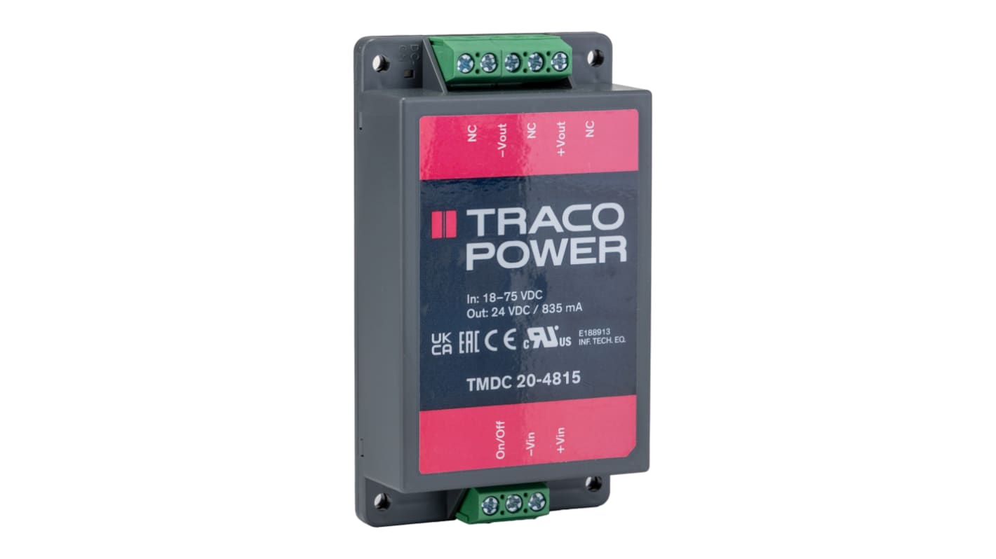 TRACOPOWER TMDC 20 DC-DC Converter, 24V dc/ 835mA Output, 18 → 75 V dc Input, 20W, Chassis Mount, +90°C Max Temp