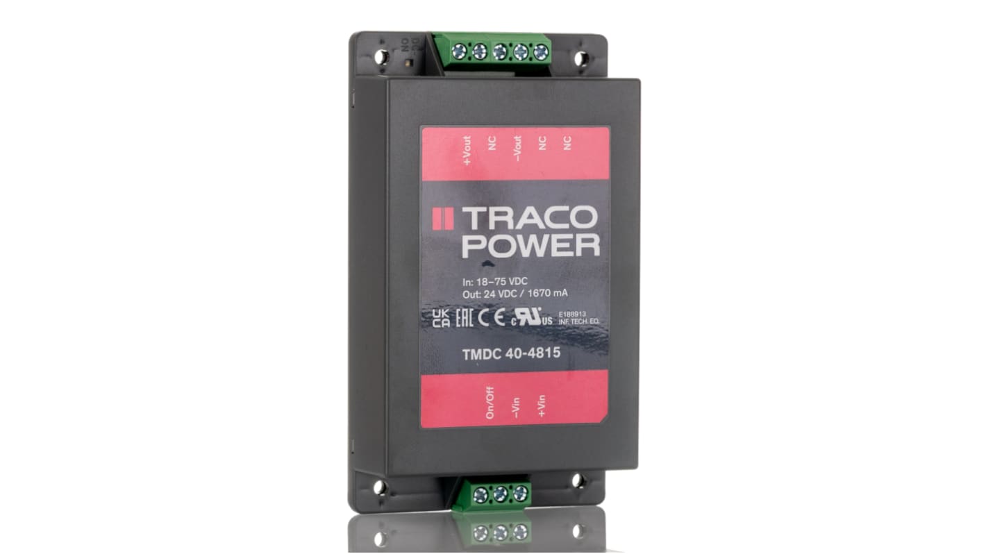 TRACOPOWER TMDC 40 DC-DC Converter, 24V dc/ 1.67A Output, 18 → 75 V dc Input, 40W, Chassis Mount, +65°C Max Temp