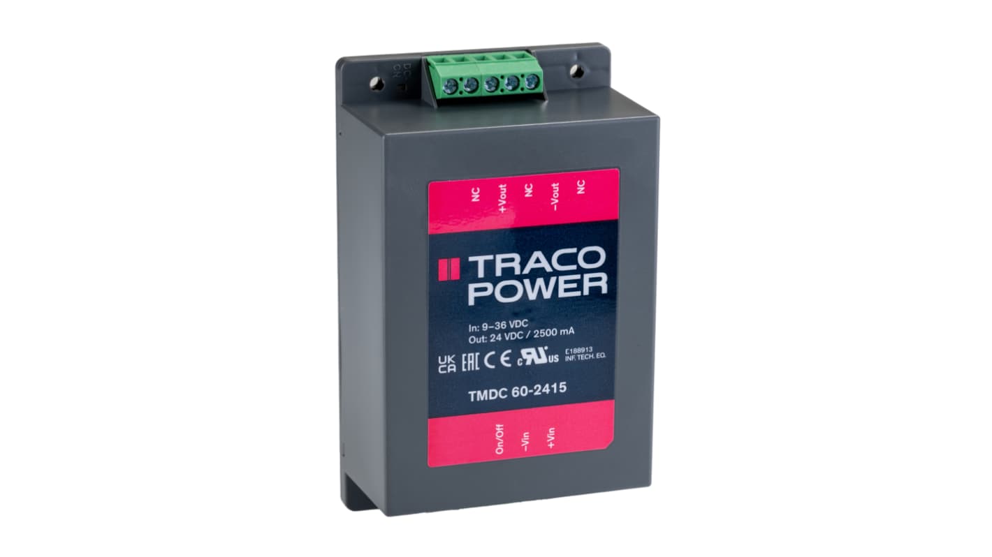 TRACOPOWER TMDC 60 DC-DC Converter, 24V dc/ 2.5A Output, 9 → 36 V dc Input, 60W, Chassis Mount, +85°C Max Temp