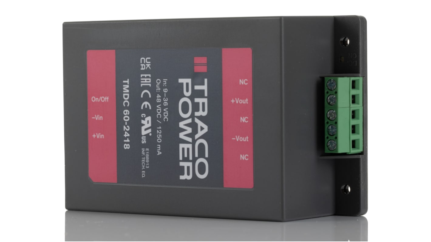 TRACOPOWER TMDC 60 DC-DC Converter, 48V dc/ 1.25A Output, 9 → 36 V dc Input, 60W, Chassis Mount, +65°C Max Temp
