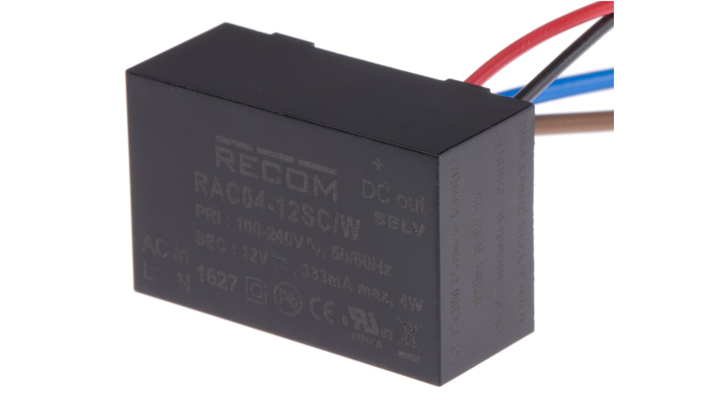 Recom Switching Power Supply, RAC04-12SC/W, 12V dc, 333mA, 4W, 1 Output, 115 → 370 V dc, 80 → 264V ac