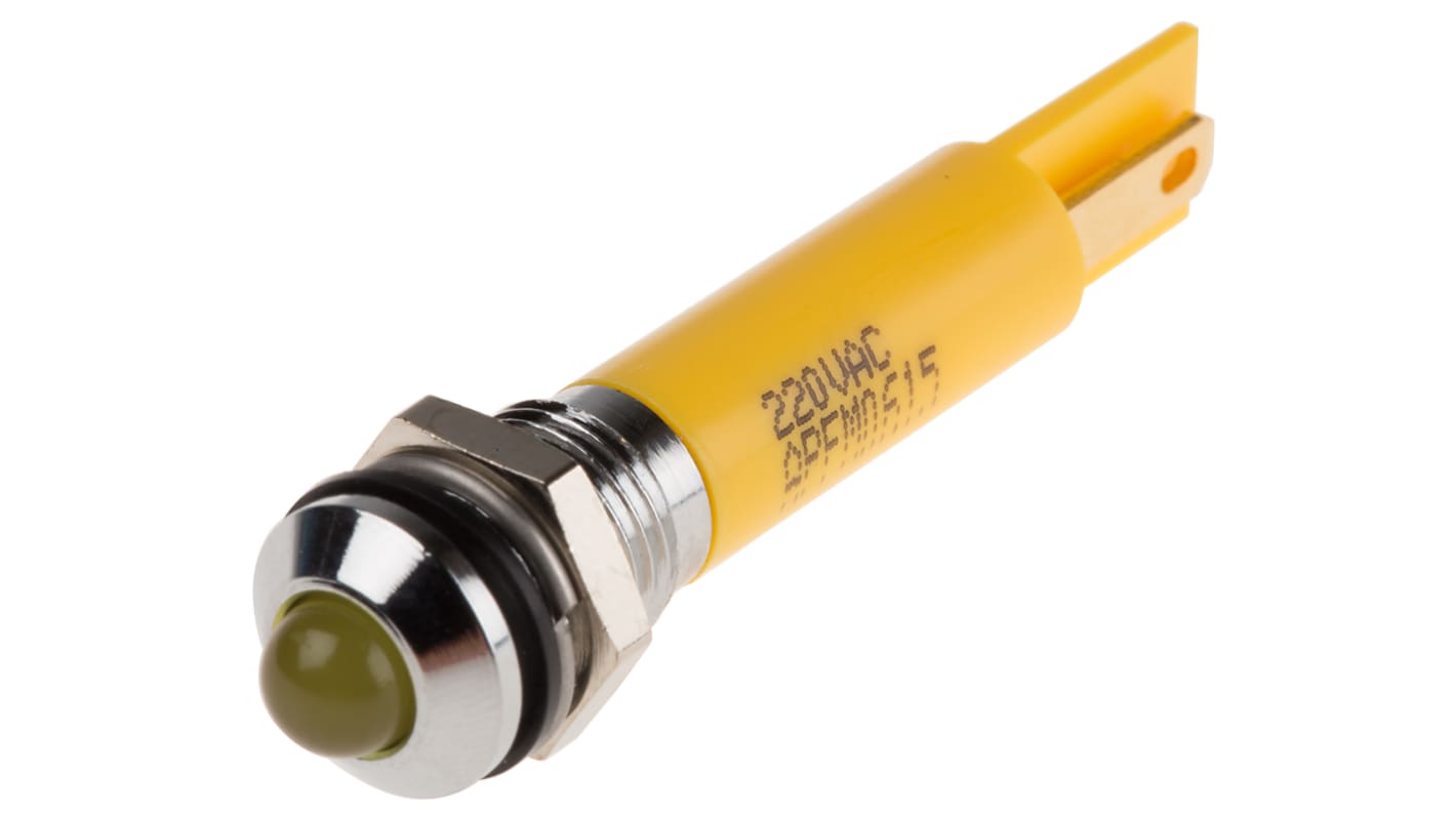 RS PRO Yellow Panel Mount Indicator, 220V ac, 8mm Mounting Hole Size, IP67