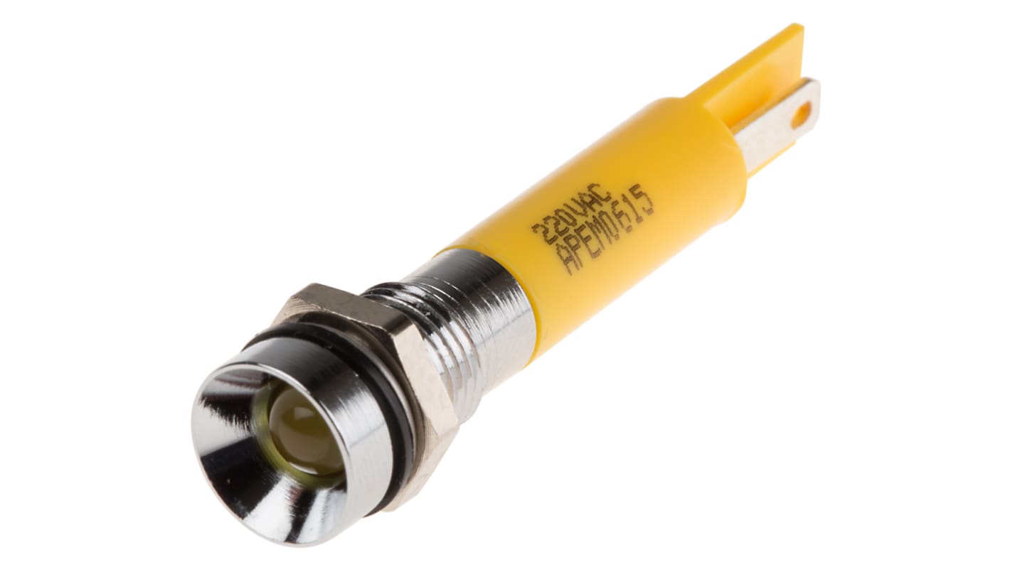 RS PRO Yellow Panel Mount Indicator, 220V ac, 8mm Mounting Hole Size, IP67