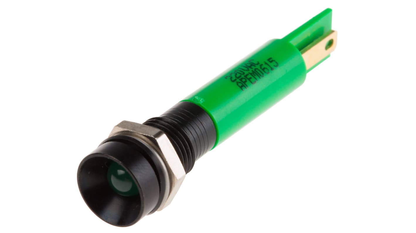 Indicador LED RS PRO, Verde, lente rebajada, Ø montaje 8mm, 220V ac, 3mA, 1900mcd, IP67