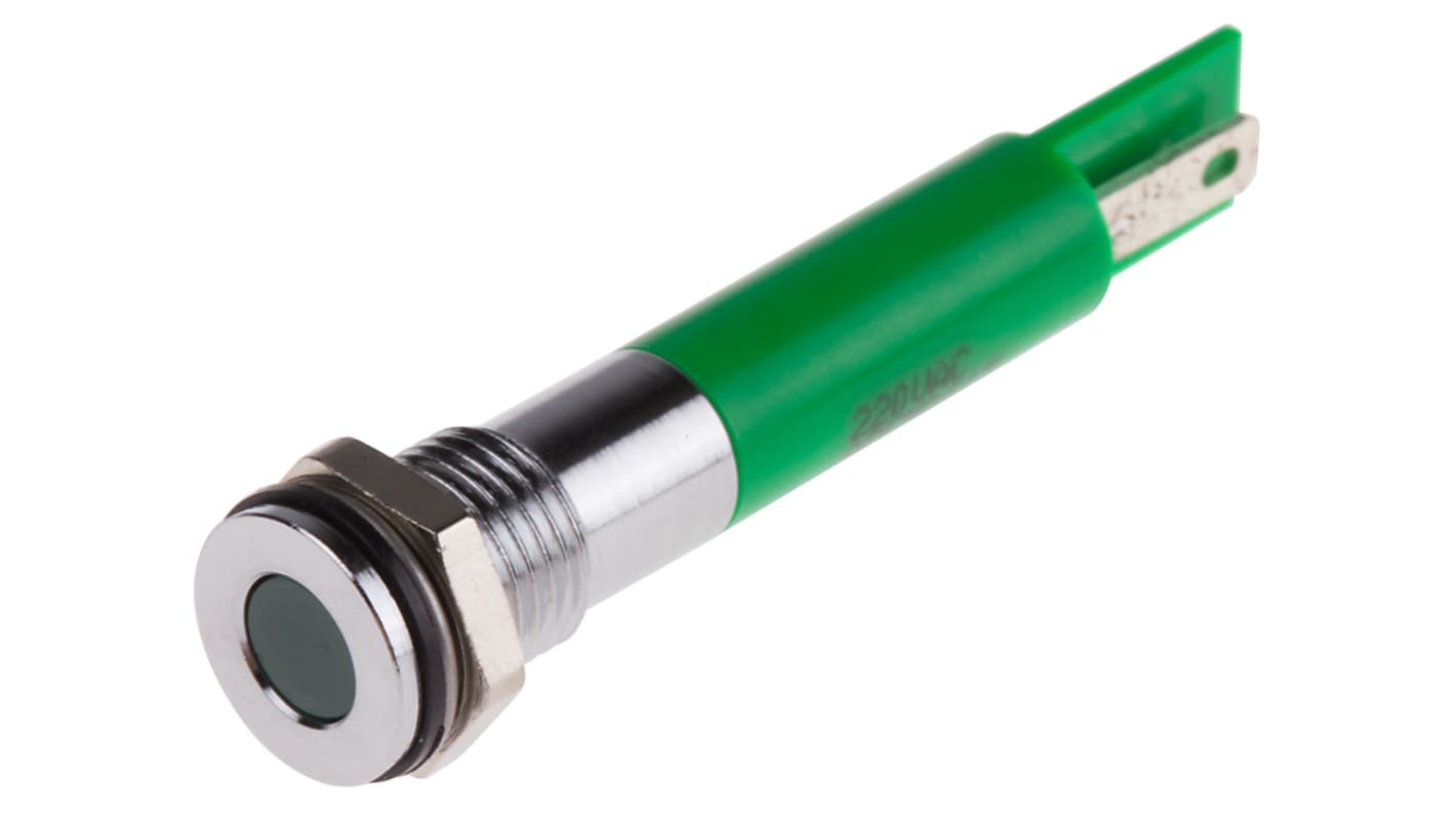 RS PRO 绿色LED面板指示灯, 220V 交流, 3mA, Φ8mm安装孔, 嵌入式边框, 铬色边框, IP67