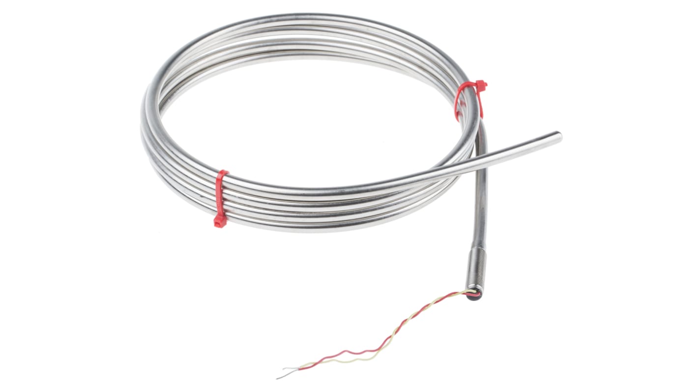 RS PRO K型矿物绝缘热电偶, 探头Φ6mm x 2m, 可测+1100°C, 线长100mm, 裸线尾线接端, 不锈钢探头