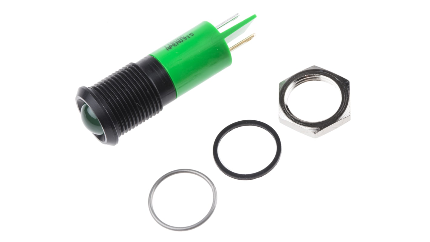 RS PRO Green Panel Mount Indicator, 110V ac, 14mm Mounting Hole Size, Faston, Solder Lug Termination, IP67