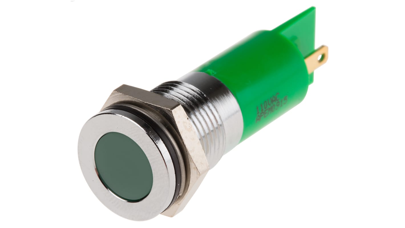 RS PRO Green Panel Mount Indicator, 110V ac, 14mm Mounting Hole Size, Faston, Solder Lug Termination, IP67