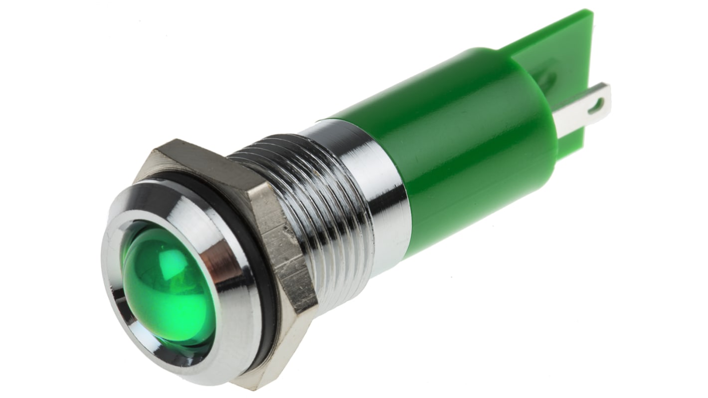 RS PRO Green Panel Mount Indicator, 220V ac, 14mm Mounting Hole Size, Faston, Solder Lug Termination, IP67