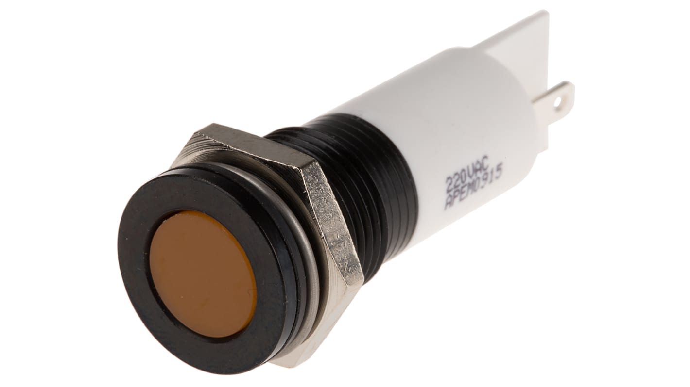RS PRO Orange Indicator, 220V ac, 14mm Mounting Hole Size, Faston, Solder Lug Termination, IP67