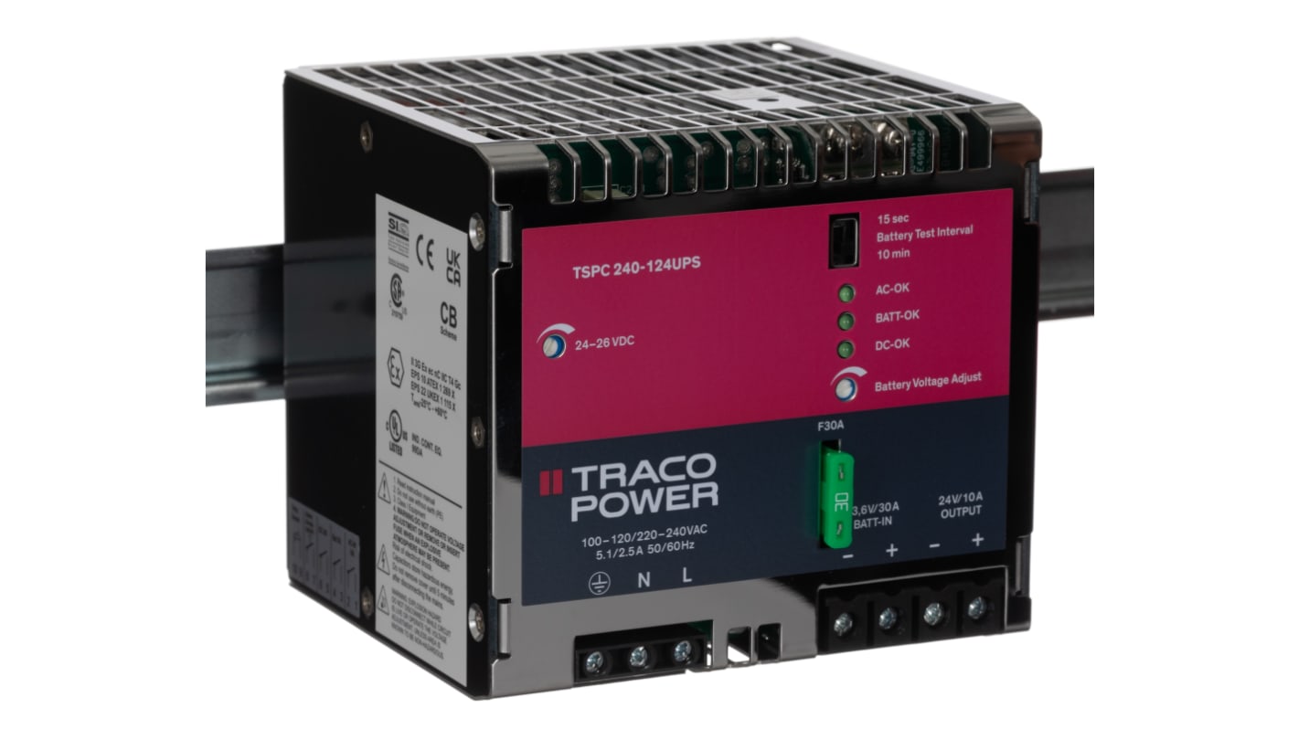 TRACOPOWER TSPC-UPS Switched Mode DIN Rail Power Supply, 85 → 264V ac ac Input, 24V dc dc Output, 10A Output,