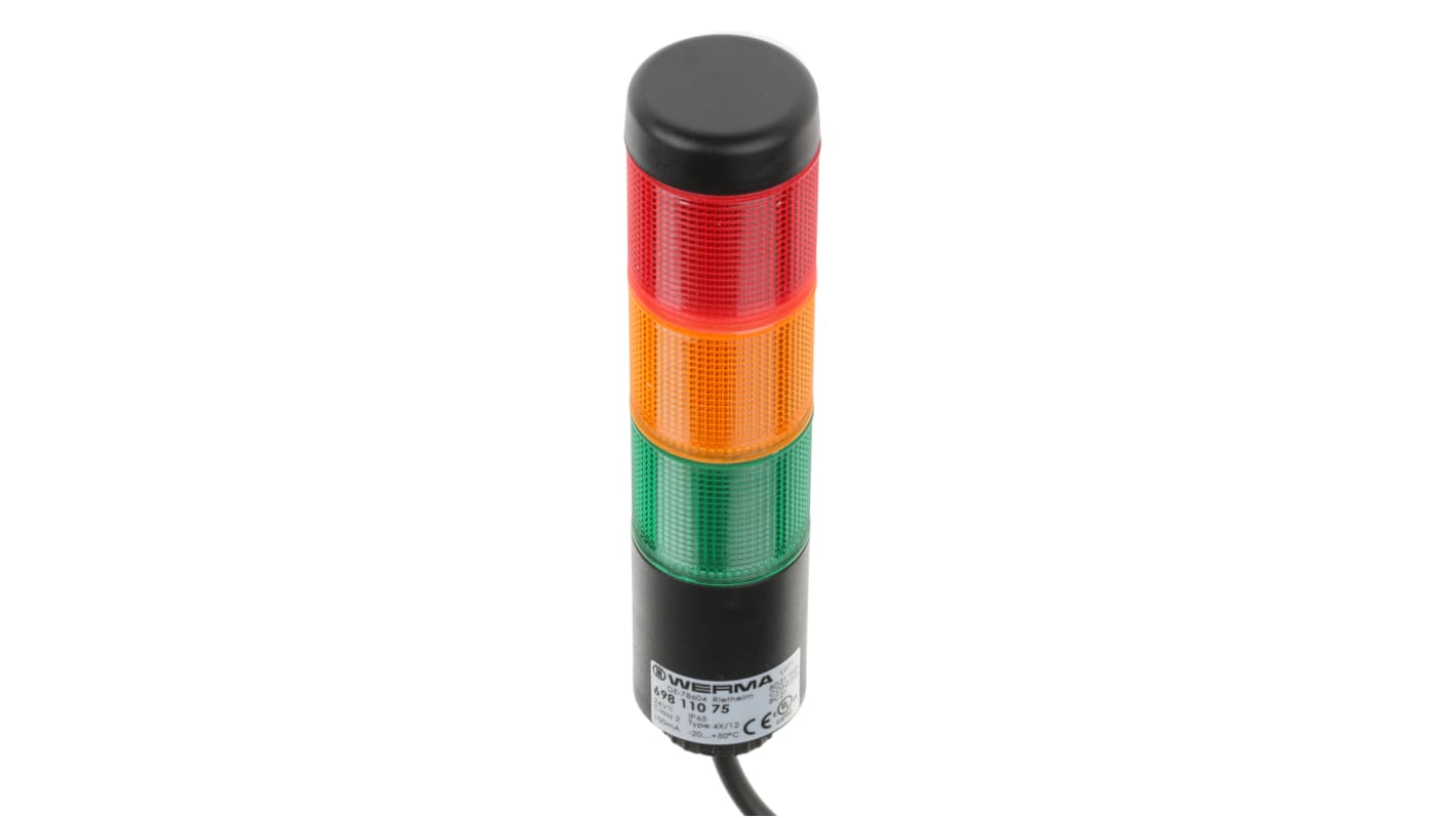 Werma Kompakt Series Red/Green/Yellow Signal Tower, 3 Lights, 24 V, Base Mount