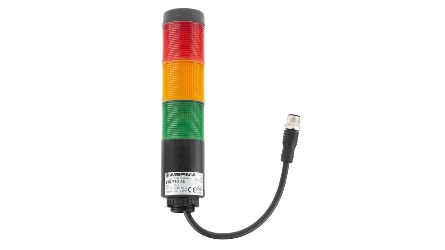 Werma Kompakt Series Red/Green/Yellow Signal Tower, 3 Lights, 24 V, Base Mount