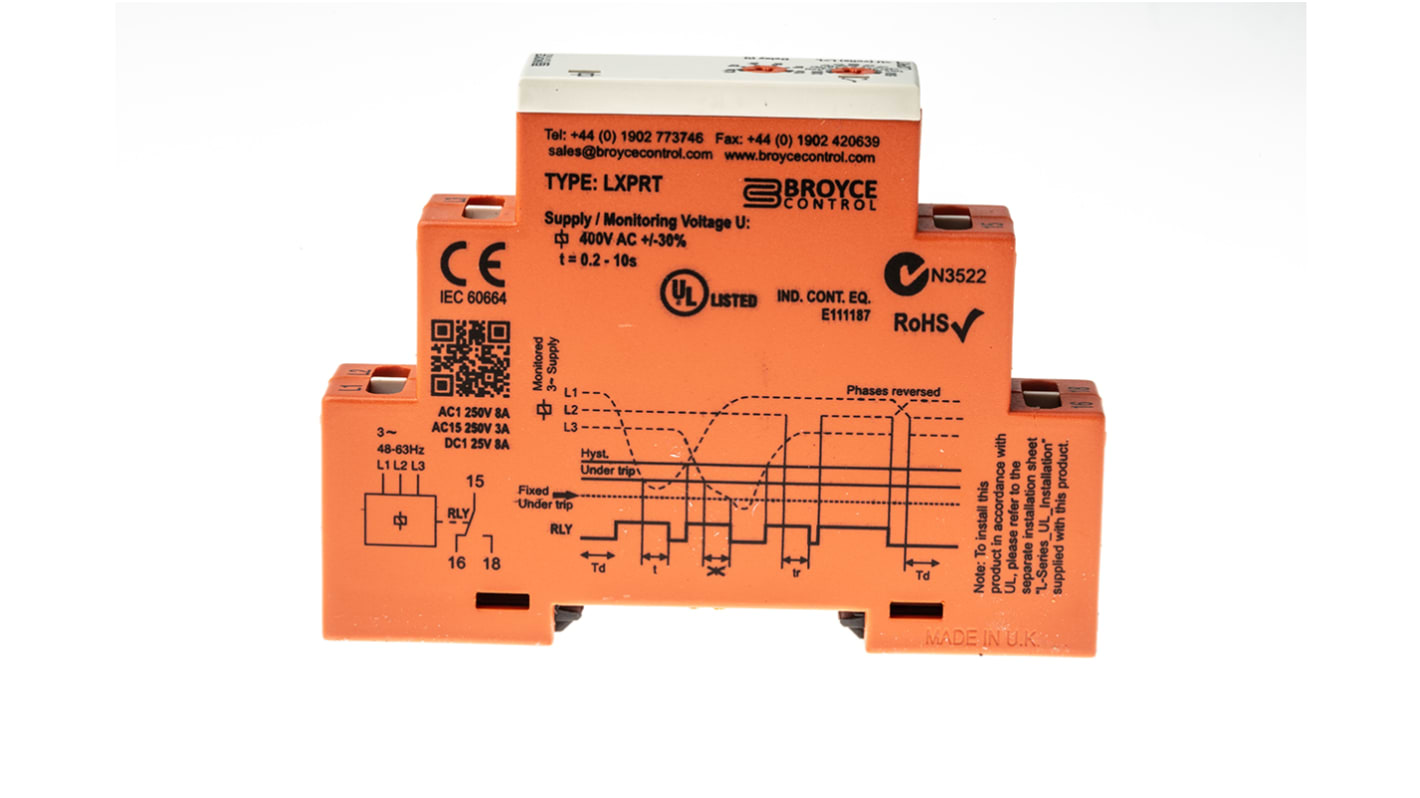 Broyce Control Phase, Voltage Monitoring Relay, 3 Phase, SPDT, 280 → 520V ac, DIN Rail