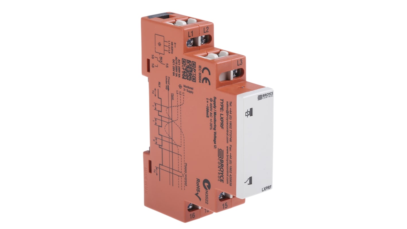 Broyce Control Phase, Voltage Monitoring Relay, 3 Phase, SPDT, 280 → 520V ac, DIN Rail