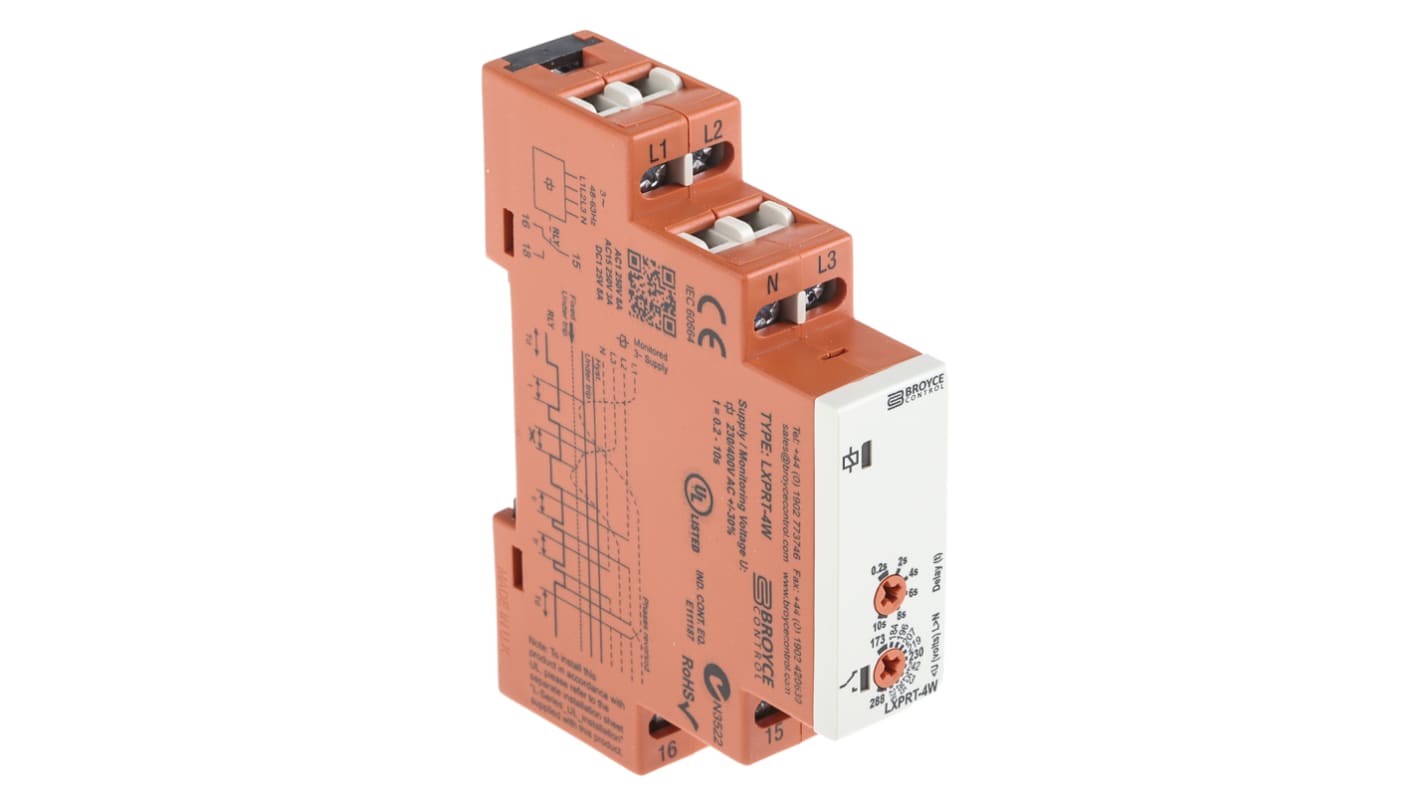 Broyce Control 欠压/相序/电压继电器, 三相, DIN导轨安装, SPDT, 可感应48 → 63Hz