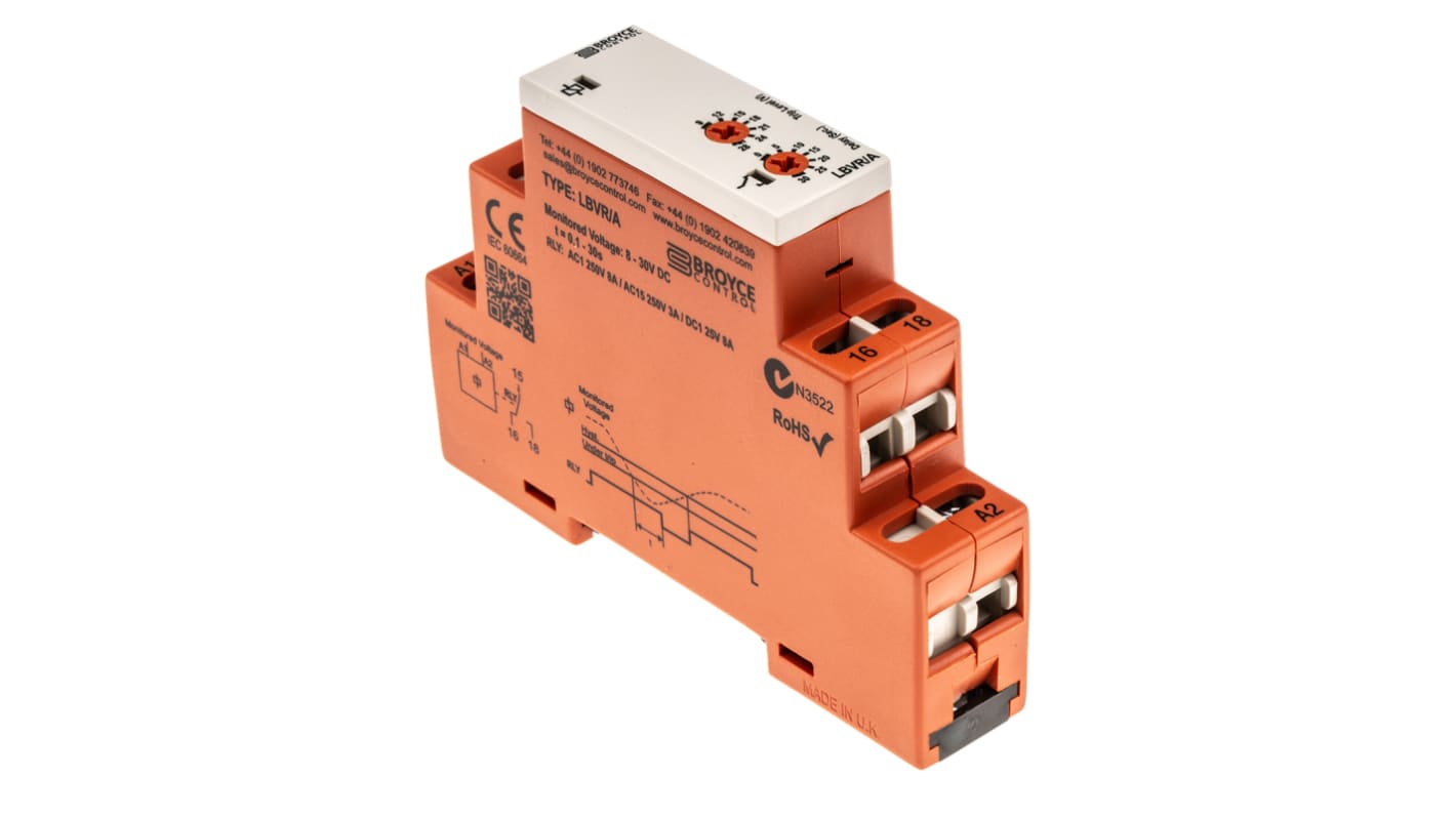 Broyce Control Voltage Monitoring Relay, SPDT, 12 → 24V dc, DIN Rail