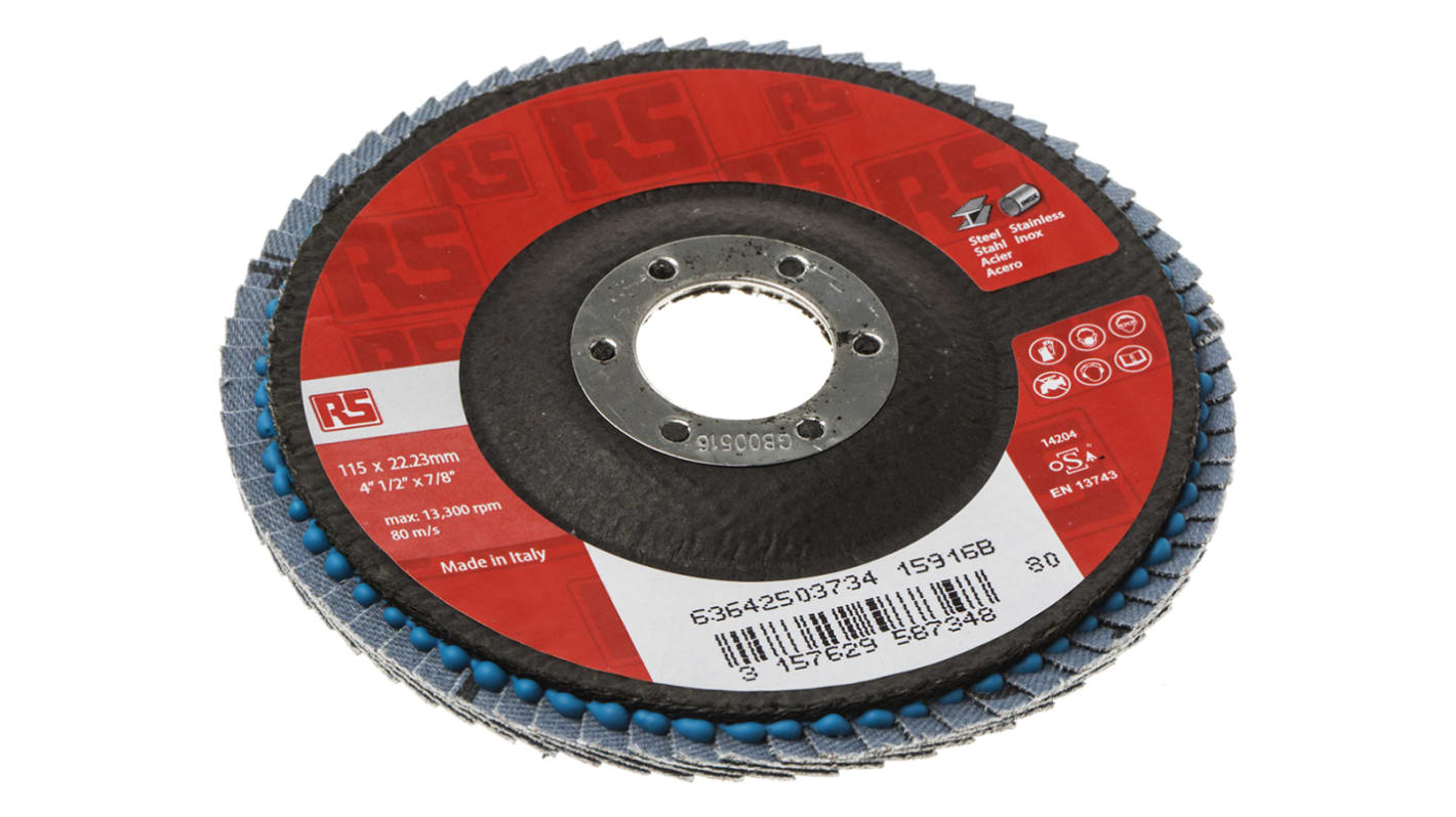 RS PRO Zirconia Aluminium Flap Disc, 115mm, Medium Grade, P80 Grit