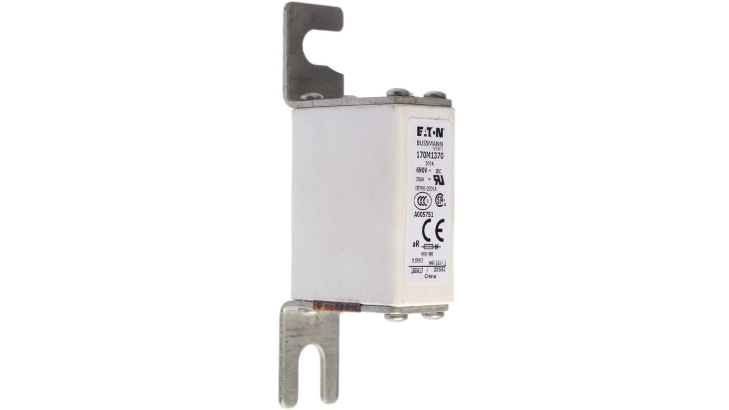 Fusible de cuchillas ranuradas excéntricas Eaton Bussmann, NH000, aR, 690V, 200A, F, CE, CSA, DIN 43653, IEC 60269, UL