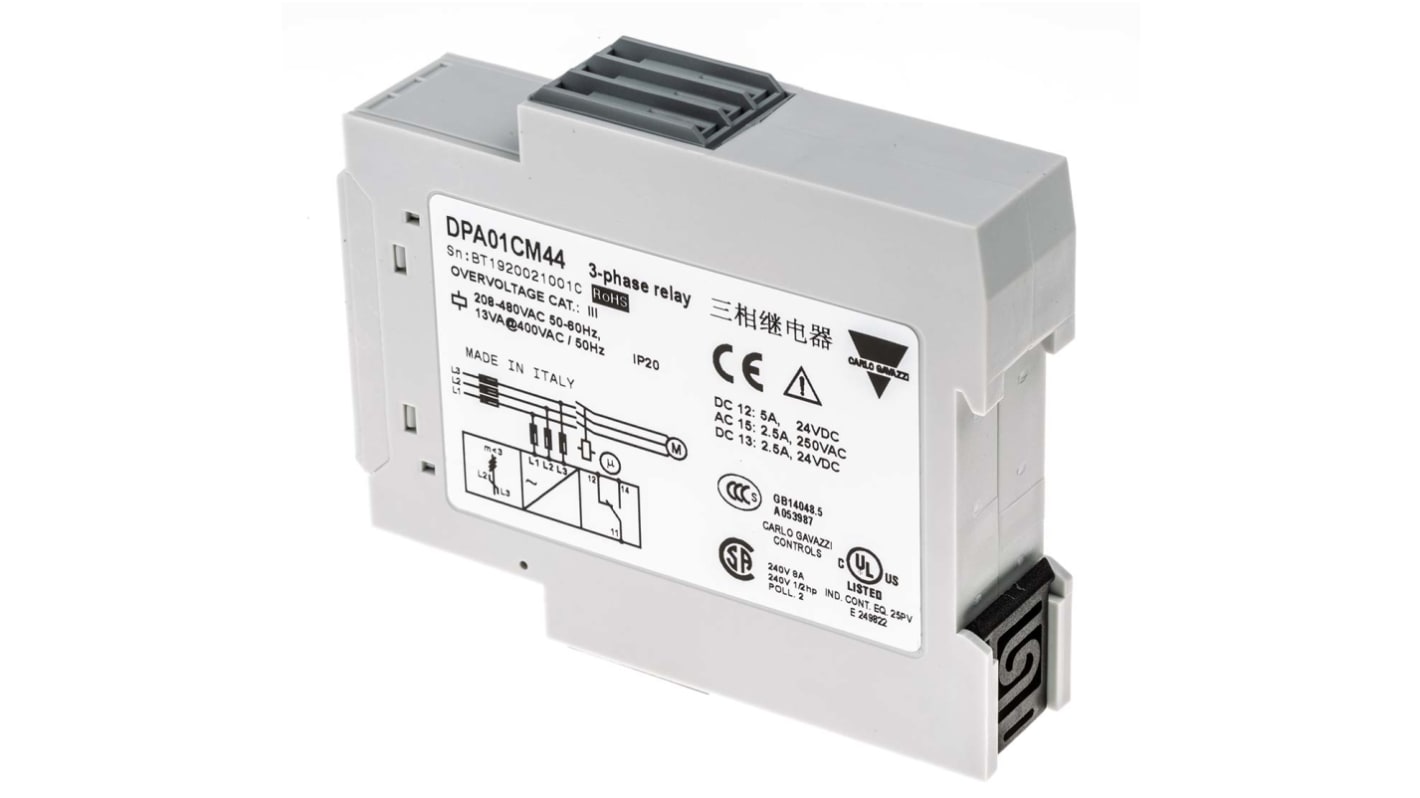 Carlo Gavazzi DPA01 Überwachungsrelais, für Phase, Spannung 177 → 550V ac 3-phasig, 1-poliger Wechsler