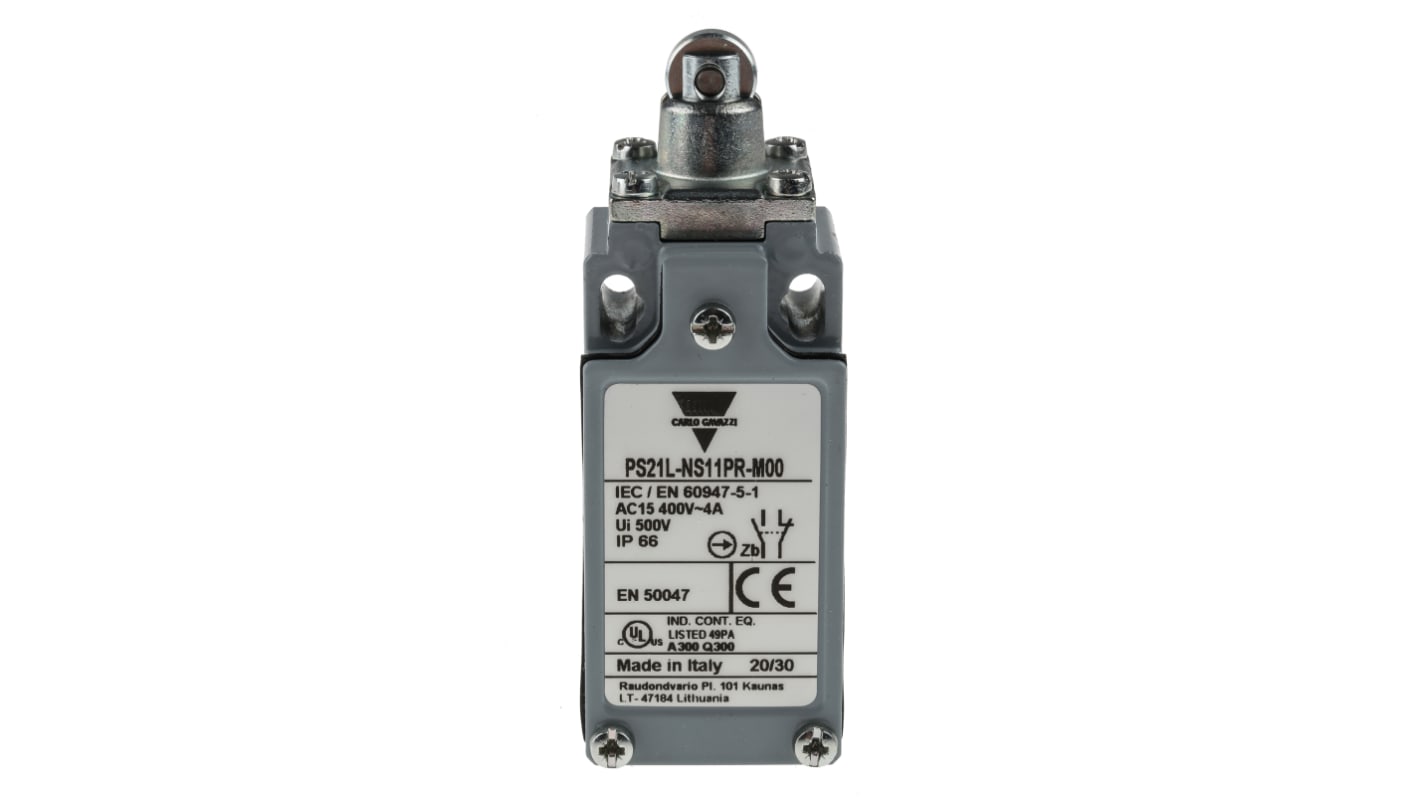 Carlo Gavazzi Roller Plunger Limit Switch, NO/NC, IP66, SPDT, Zinc Housing, 24V ac Max, 24 V ac 10A Max