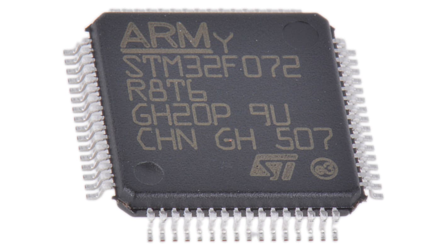 STMicroelectronics STM32F0单片机, ARM Cortex M0内核, 64针, LQFP, 最大48MHz, 64 kB 闪存, 16 kB RAM