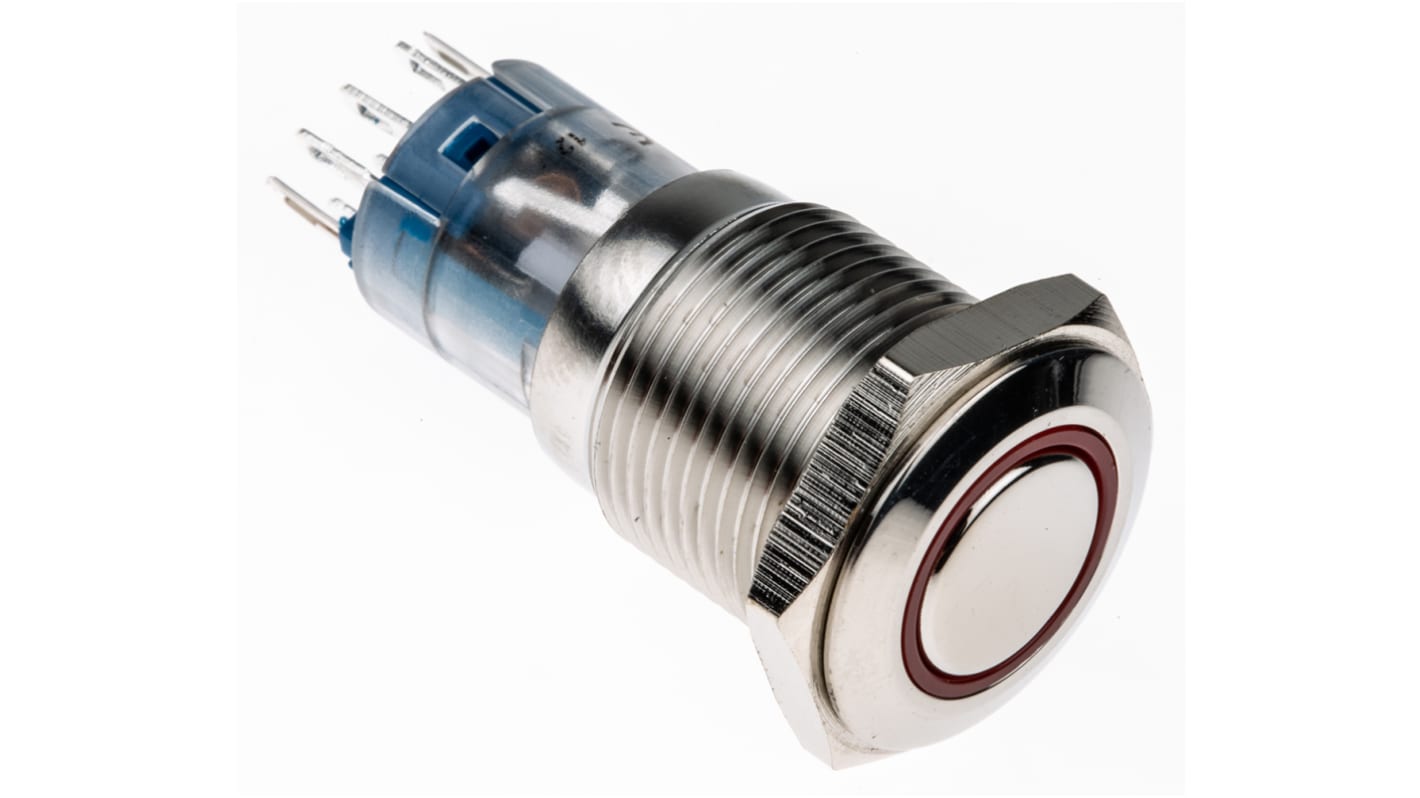 Bulgin Illuminated Push Button Switch, Latching, Panel Mount, 16.2mm Cutout, DPDT, Red LED