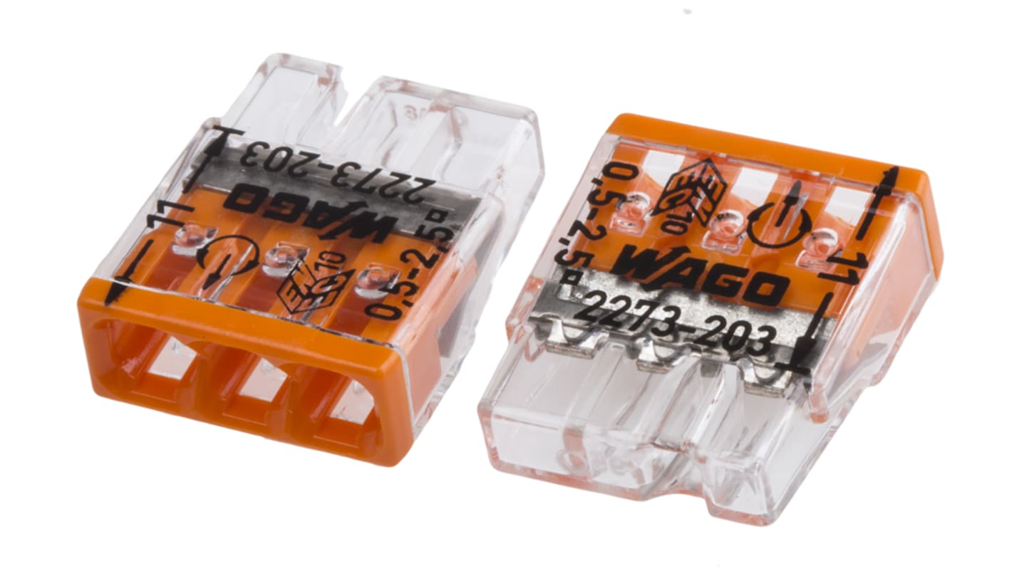 WAGO 2273 COMPACT PUSH WIRE Series Junction Box Connector, 3-Way, 24A, 20 → 16 AWG Wire, Push-In Termination