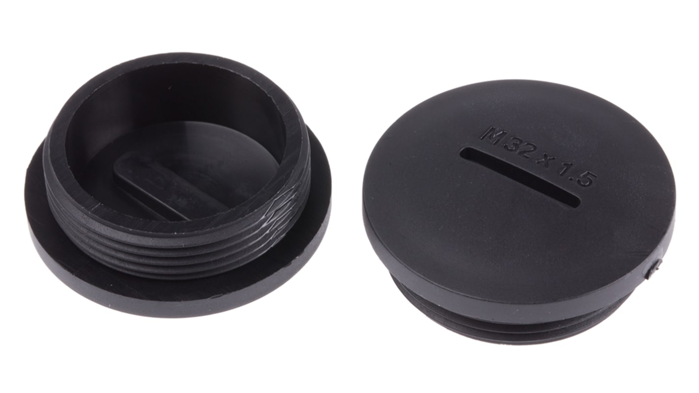RS PRO Blindstopfen M32 Loch Ø 31.7mm, Mit Gewinde, Nylon 66, Austastung Ø 36.6mm, Schwarz