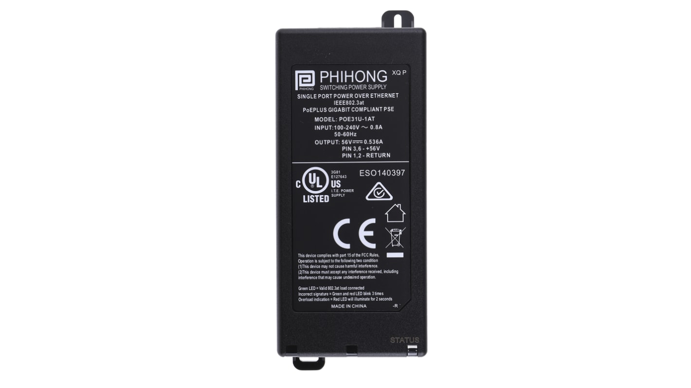 Phihong Single Port POE Injector, 100 → 240V ac Input, 56V Output, 535mA, 30W