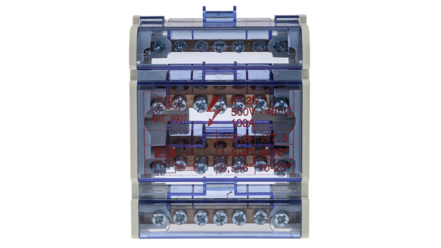 RS PRO 分线盒, 100A, 500 V, 10 → 25（不带端套管）mm²，6 → 16（带端套管）mm²线规, 螺钉端接PC外壳