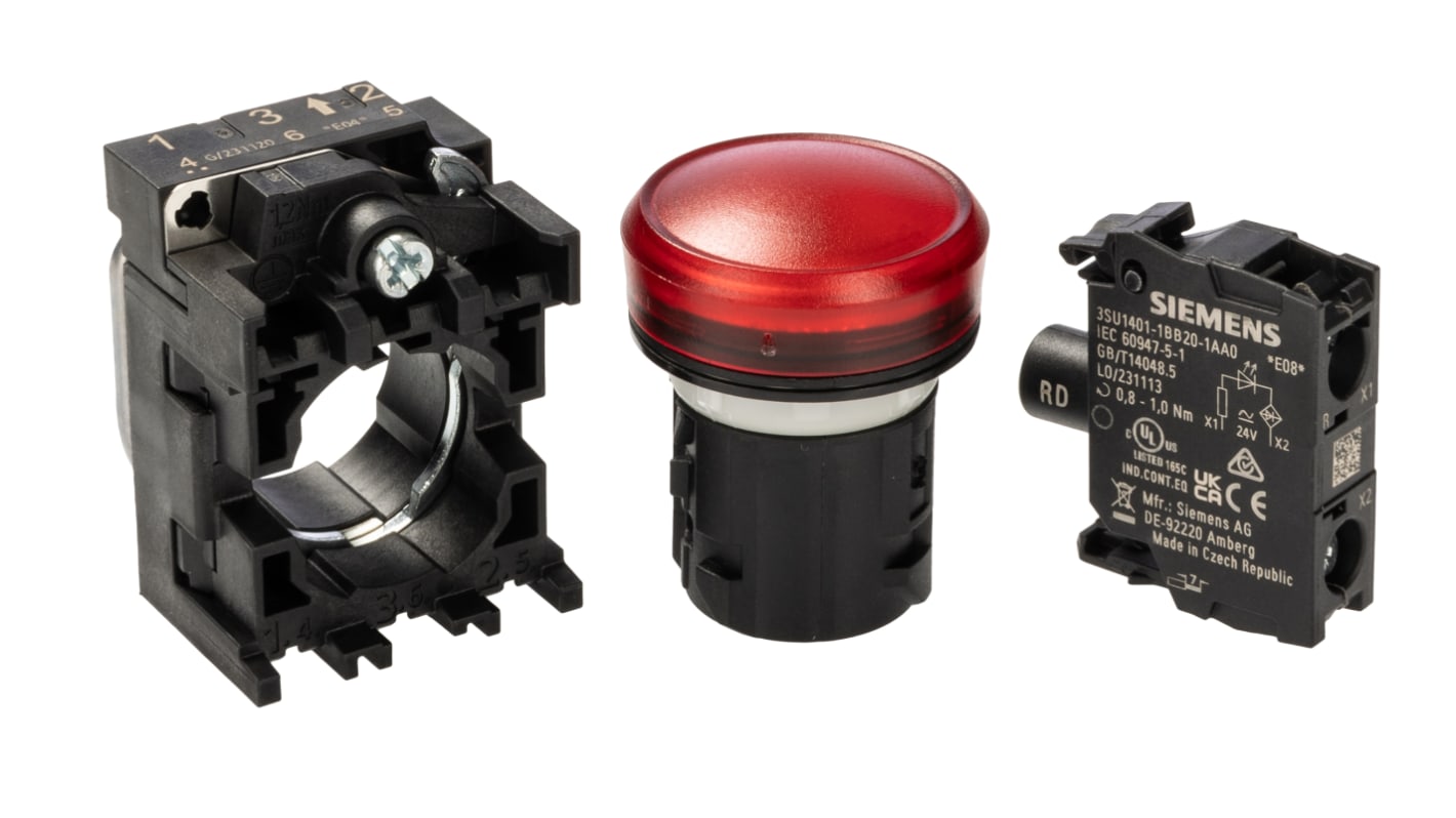 Siemens, 3SU1, Panel Mount Red LED Pilot Light, 22mm Cutout, IP66, IP67, IP69(IP69K), Round, 24V ac/dc