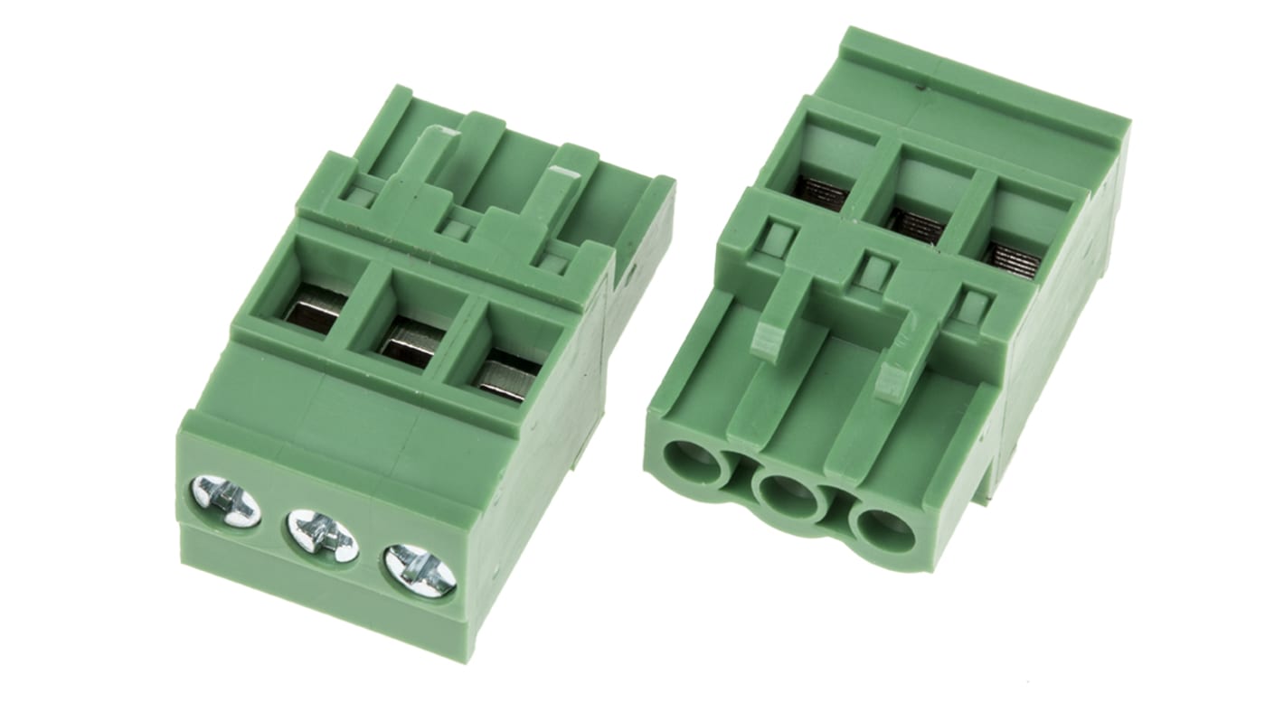 Bloque de terminal PCB Hembra Ángulo recto RS PRO de 3 vías, paso 5mm, 15A, de color Verde, montaje Montaje en orificio