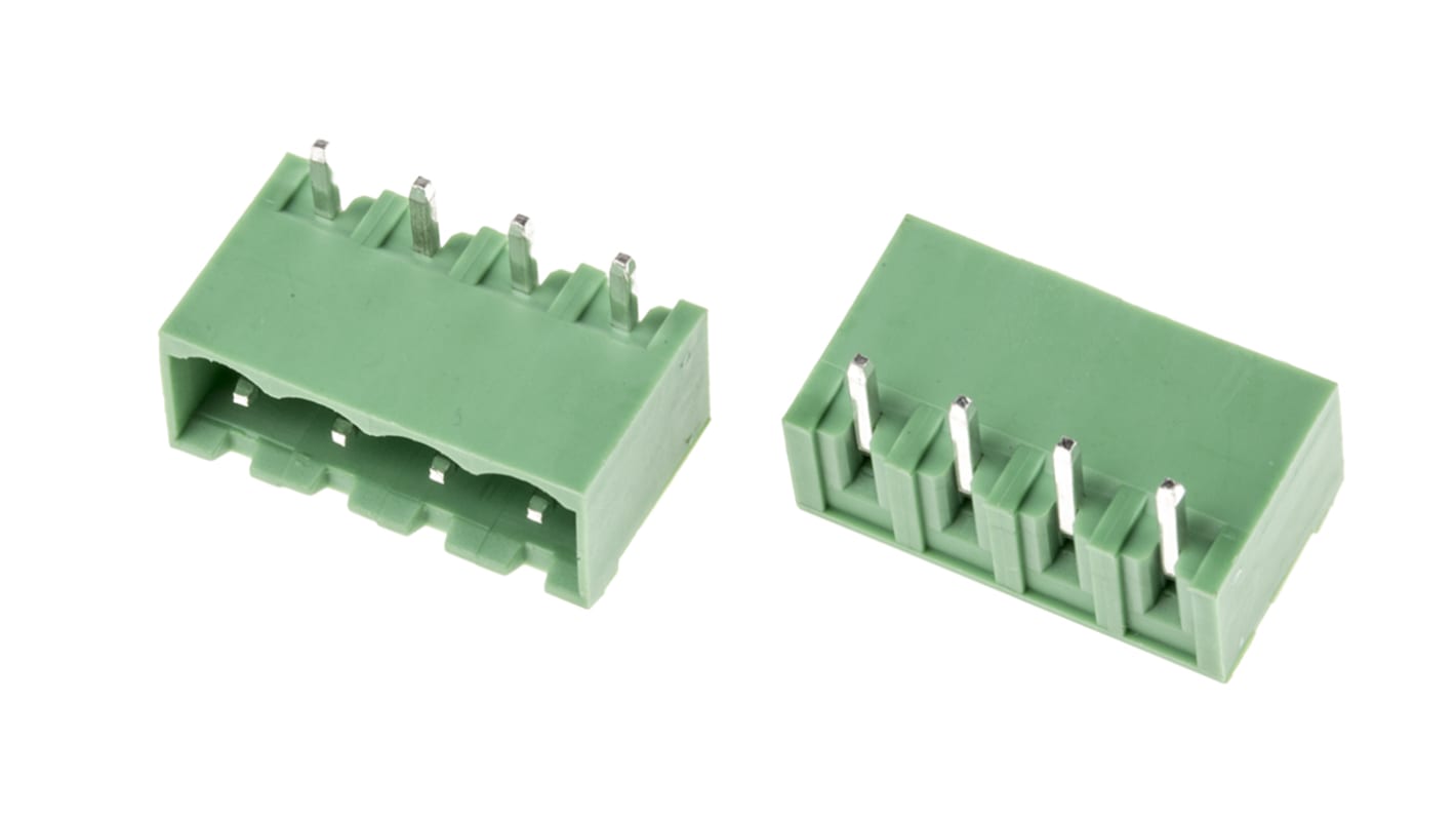 Borne para PCB Ángulo de 90° RS PRO de 4 vías, 1 fila, paso 5.0mm, para soldar, Montaje en orificio pasante