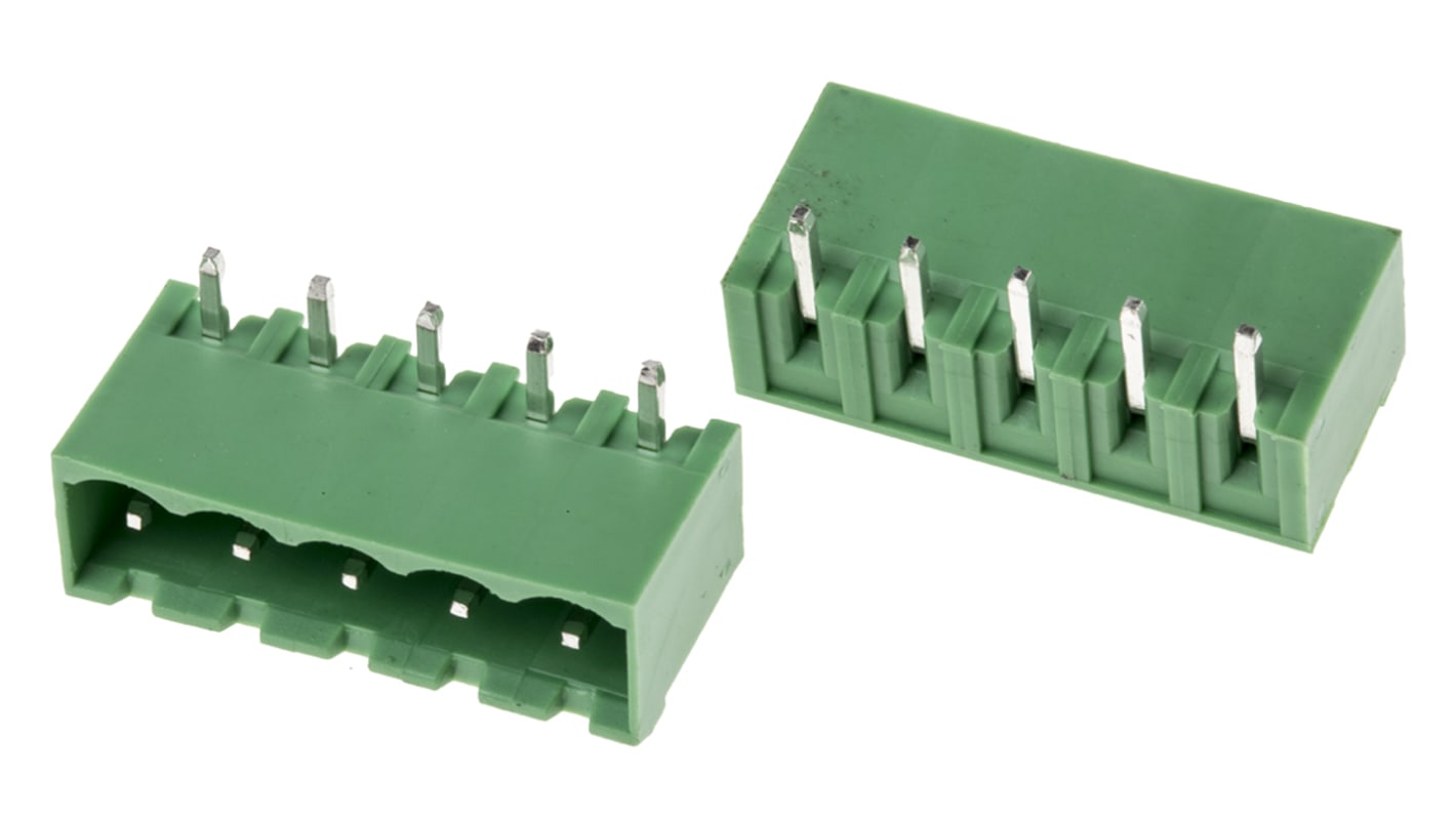 Borne para PCB Ángulo de 90° RS PRO de 5 vías, 1 fila, paso 5.0mm, para soldar, Montaje en orificio pasante