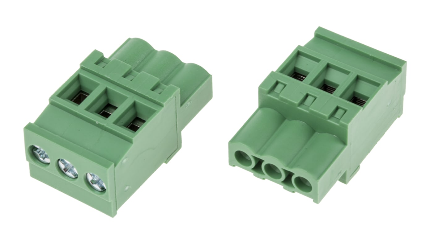 Bloque de terminal PCB Hembra Ángulo recto RS PRO de 3 vías, paso 5mm, 15A, de color Verde, montaje Montaje en orificio