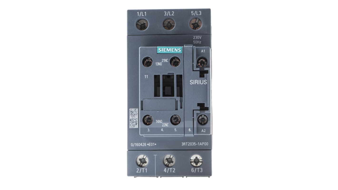 Siemens SIRIUS 3RT Size S2, 3RT2 Contactor, 230 V ac Coil, 3-Pole, 40 A, 18.5 kW, 3NO, 400 V ac