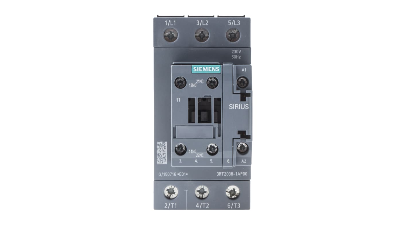 Siemens SIRIUS 3RT Size S2, 3RT2 Contactor, 230 V ac Coil, 3-Pole, 80 A, 37 kW, 3NO, 400 V ac