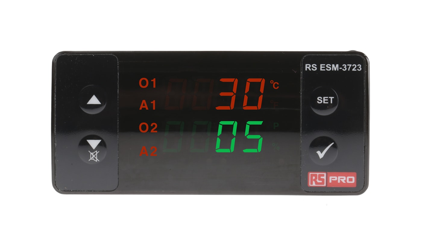 RS PRO Panel Mount PID Temperature Controller, 76 x 34.5mm 4 Input, 4 Output Relay, 230 V ac Supply Voltage ON/OFF, PID